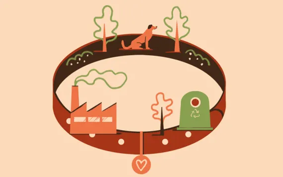 Illustration shows a large round collar with a small dog, trees, a building, and a recycling bin around it.