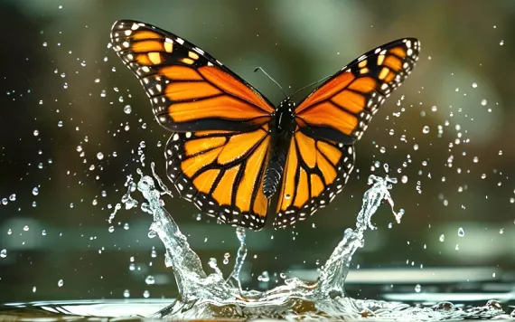 Underside view of an orange, yellow, white, and black monarch butterfly emerging from water, with water splashing up behind it.