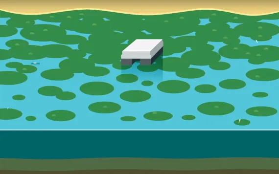 Illustration shows two adults and a child sitting next to a lake that has a rectangular ultrasonic algae remediation device floating in the middle. In the lake are harmful algal blooms and dead fish floating on top with live fish below.