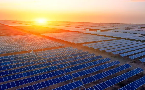 A large array of solar panels with the sun setting in the background.