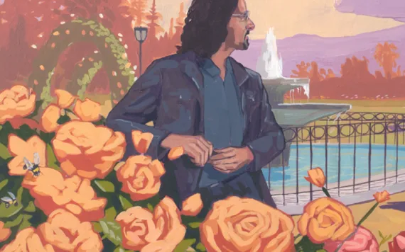  Illustration shows the profile of a man with a rosebush in the foreground, looking out at people sitting on benches next to a fountain.