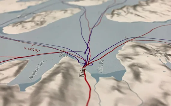 A map of travel routes over the ice near Nain, the capital of Nunatsuiviat. Photo by Breanna Bishop.