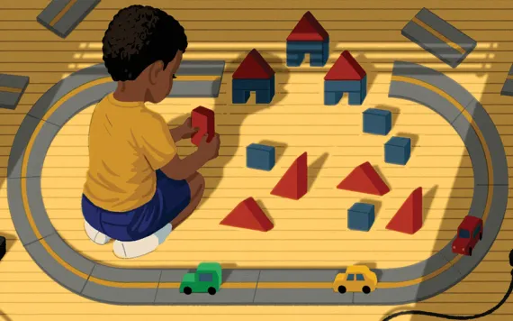 Illustration shows the back of a child sitting in the middle of a toy car track playing with blocks. He's replaced the top section of the track ring with houses.