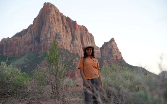 Rae Wynn Grant stands in between shooting scene for Mutual of Omaha's Wild Kingdom.