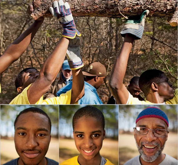 Clockwise, from top left: Derek Joseph (left), Jaimz Edwards (in brown hat), and Adham Stewart hoist a fallen pine; Burgess; Burgess's son Naim; and college student RaShawn Hoke.