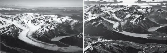 Alaska's 20-Mile Glacier in 1938, left, and in 2007, right.