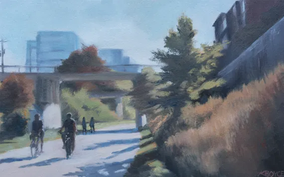 Illustration shows bikers and pedestrians on a tree-lined paved trail going through an underpass.