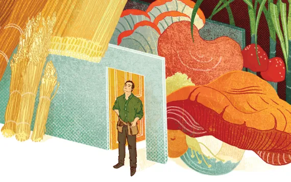 Colorful illustration shows a man with a tool belt standing in the doorway of a building with natural materials like mushrooms, sugarcane, and husks looming large behind him.