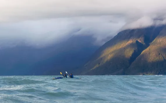Diana Saverin and Weston Boyles made the turn around Glacier Point in turbulent seas. 