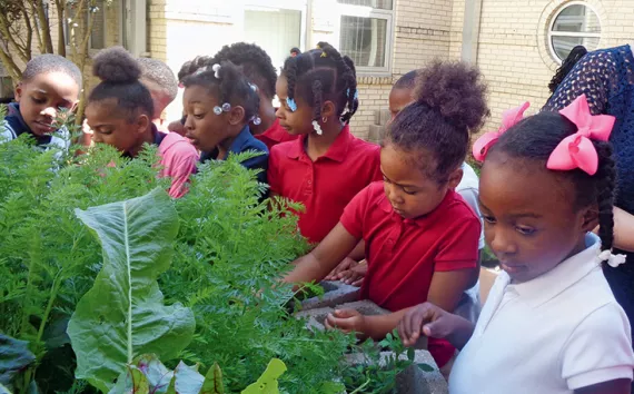 A teacher and students in the garden at L.S. Rugg Elementary School in Alexandria, Louisiana. 