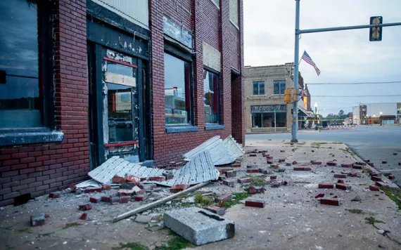 Earthquake damage in downtown Cushing, Oklahoma, in November 2016