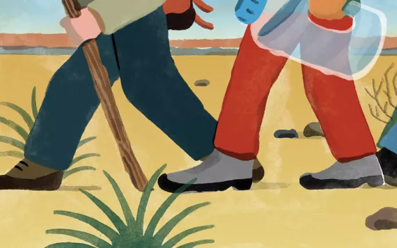 Illustration shows the bottom half of three hikers in a desert. One is carrying a stick, one a water jug, and one a cooler.