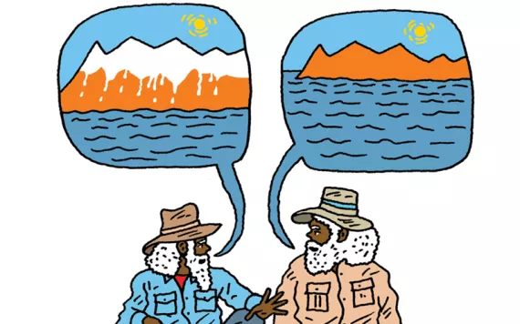 Illustration of two Aboriginal men sitting on a log talking about the rise of sea levels at the end of the last ice age. 
