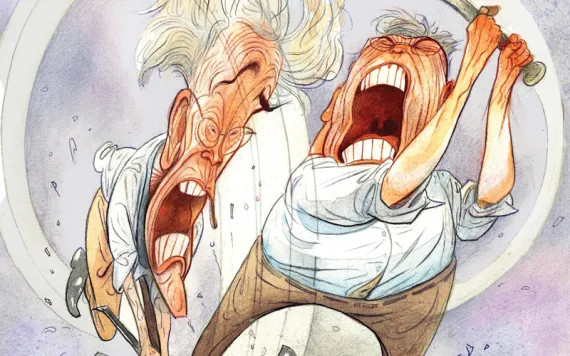 Illustration shows the Koch brothers bashing in an electric car with a crowbar and a baseball bat that says Wichita Slugger.