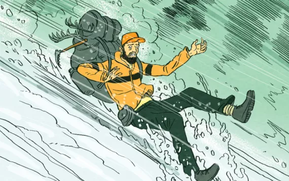 Illustrations show a hiker walking up to a sloped icy patch on the trail, then he's sliding down it, digging his heels into the snow to slow down, sliding over boulders and hitting a tree feet first (he says Ooof), and then standing up and waving to a