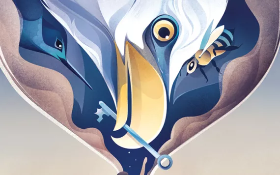 Illustration of figure in hourglass and eagle with key