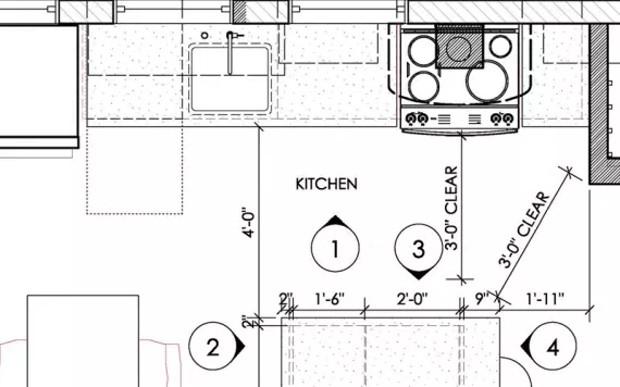 A schematic drawing of a kitchen.