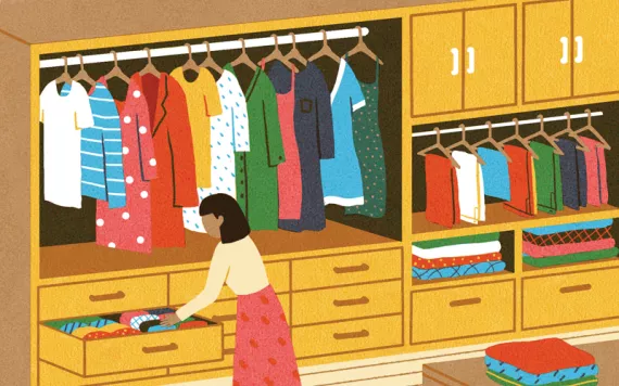 Illustration shows a room with a large built-in closet, a man putting away shoes, and a woman opening a drawer of clothes.