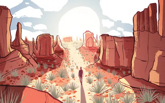 Illustration shows a person walking in Monument Valley. The center of the valley is overlaid by the torso of a person, with their head as part of the clouds.