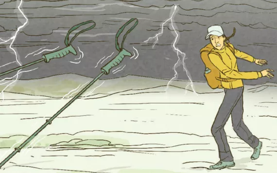 Illustrations show a woman hiking, then she's thinking about her boyfriend, a shower, and a beer, then she's stuck in a lightning storm and throwing her walking poles, and then she's in a gully waiting for the storm to pass.