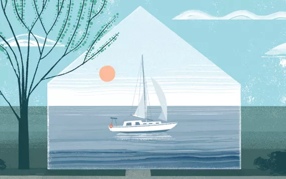 Illustration shows two houses. In between them is the outline of a house superimposed over a sailboat on the water.