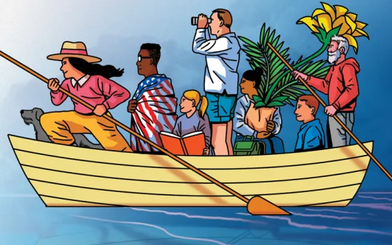 Illustration shows a rowboat full of people of different races, with an eagle flying overhead.