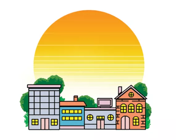 llustration shows a row of houses in front of a sunrise or sunset.
