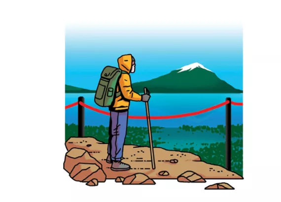 Illustration shows a hiker standing by a sectioned-off area, with a snowcapped mountain in the background.