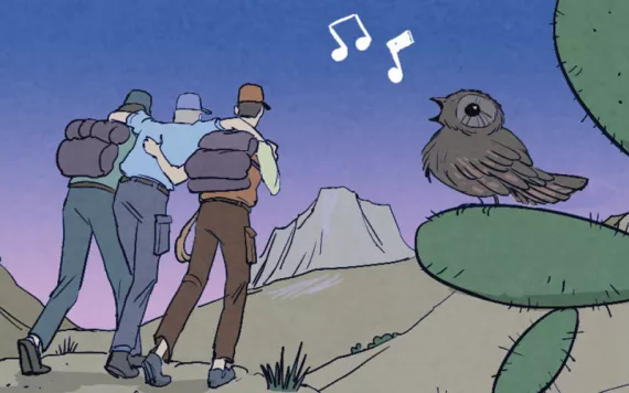 Illustration shows the three walking away while a poorwill sings two musical notes.