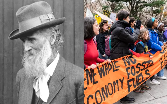 Close-up black-and-white photo of John Muir./ Young people are lined up and holding a bright-orange banner.
