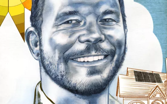 Illustration of Seth Gunning wearing a Creative Solar shirt and smiling at the camera.