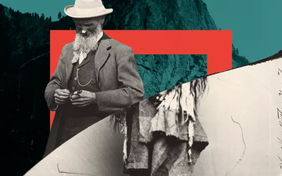 Photo-illustration shows pieces of Cathedral Rock in Yosemite; the top half of John Muir, wearing a hat and looking down; and the bottom half of a Native American, wearing traditional clothing and moccasins.