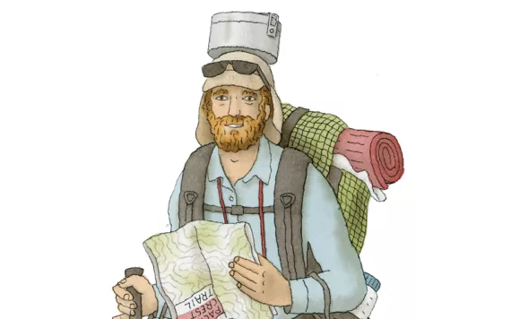 Illustration shows a man with hiking gear, including a cooking pot on his head, a backpack with a rolled-up mat, ski poles, and a paper map.