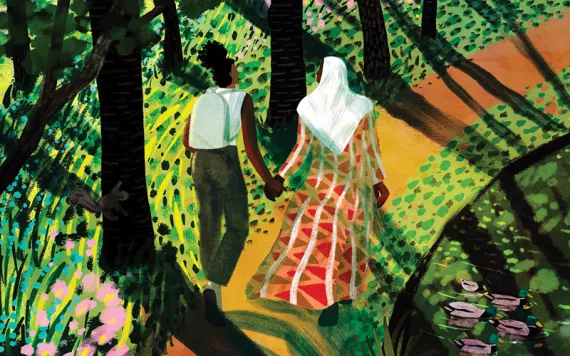 Illustration shows the backs of a young woman and her mom holding hands and walking on a path through a forest with trees, flowers, and birds. The young woman is wearing pants and a backpack. The mom is wearing a colorful Somali dress and white head scarf