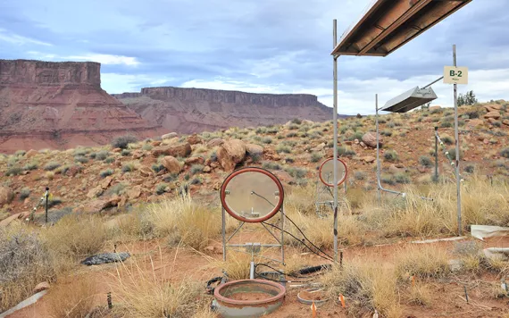 A desert landscape with red mesas in the background, and small terra-cotta circles around segments of the desert.
