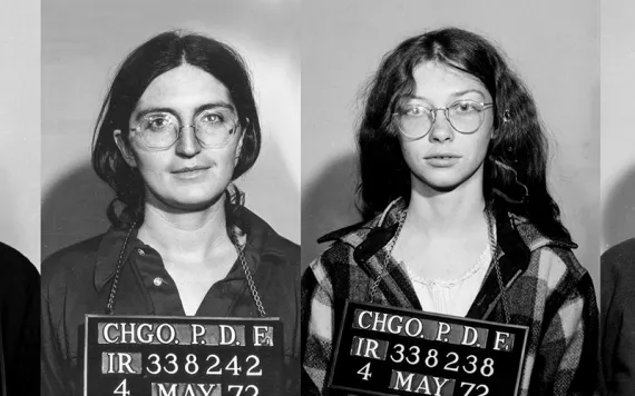 Black and white 1970s era mugshots of two women. 