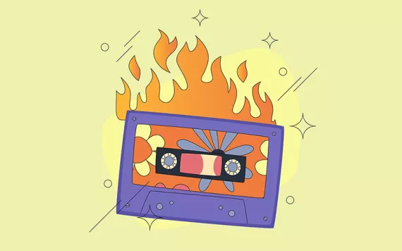 Image of a purple mix tape on fire against a pale yellow background. 