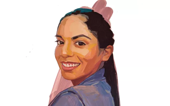 Illustration shows Mercedes Macias looking over her shoulder and smiling.