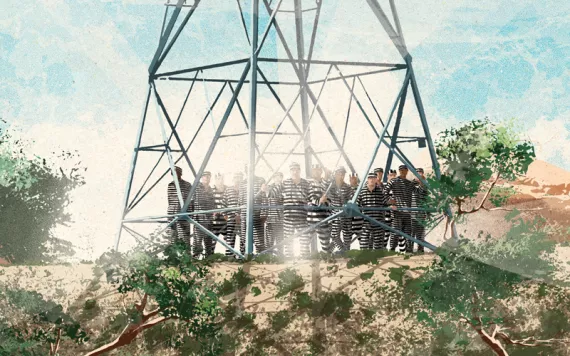 Illustration shows a group of prisoners wearing black-and-white uniforms trapped inside an electrical tower with power lines.