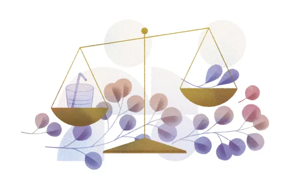 Illustration shows a scale with one side holding a plastic cup and the other leaves.