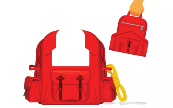 Illustration shows a bright-red backpack and someone pulling out a smaller version of the backpack.