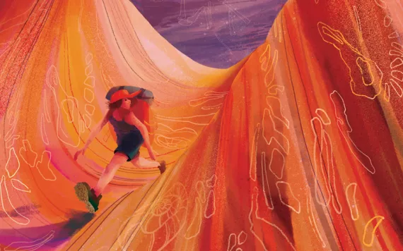 Bright illustration shows a female hiker walking through curvy redrock.