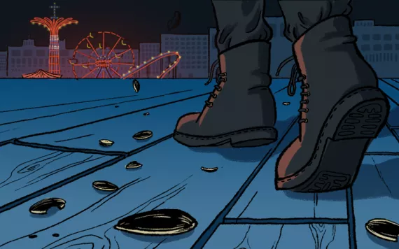 Illustration shows a view at foot level of boots walking on a boardwalk at night. There are sunflower seeds on the ground and lit-up rides in the background.