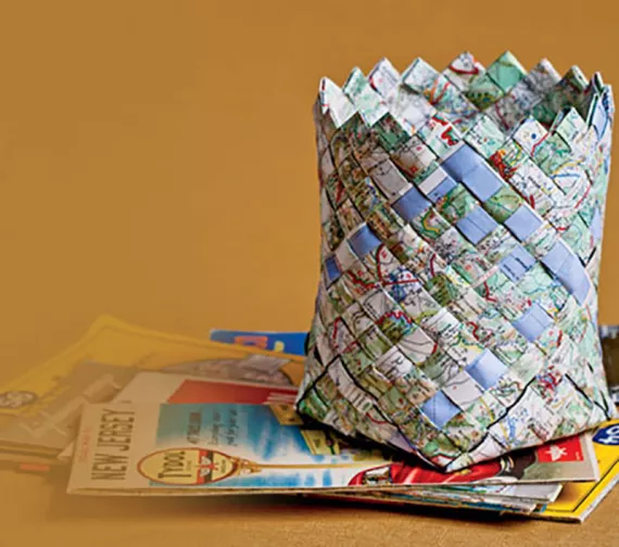 Chart a new course for your paper maps by weaving them into a sturdy, multihued basket