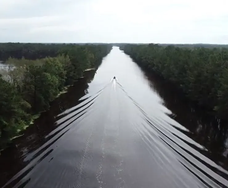An aerial view of Interstate 40 in Pender County, NC., inundated by floodwaters from Hurricane Florence in 2018