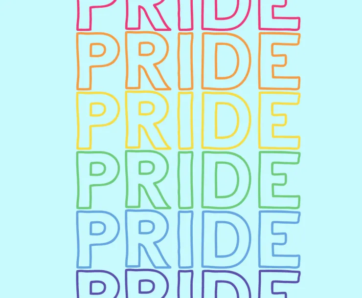 blue background with rainbow text that says "Pride" 6 times.