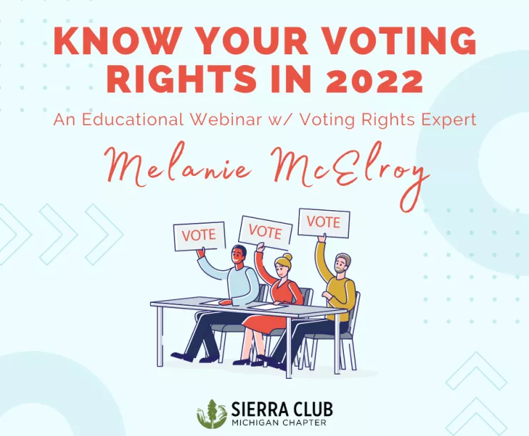 graphic that says "Know your voting rights in 2022" followed by "an educational webinar w voting rights expert Melanie McElroy"
