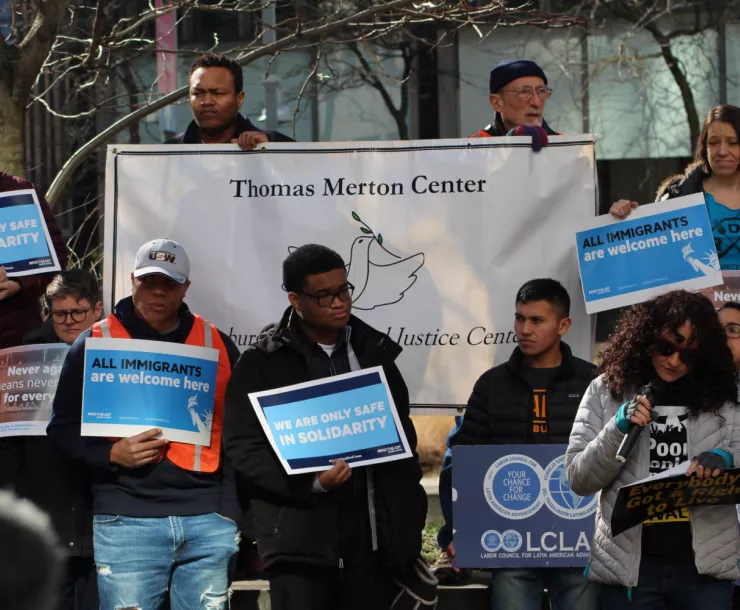 Krystle M. Knight, community organizer of the Thomas Merton Center, addressing the crowd at their Drop Colcom rally held outside the offices of the Colcom Foundation in downtown Pittsburgh. March 5th, 2020.   Photo Credit: Sheryland Neal 