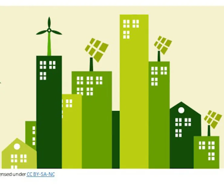 infographic shows cityscape of buildings colored in different shades of green
