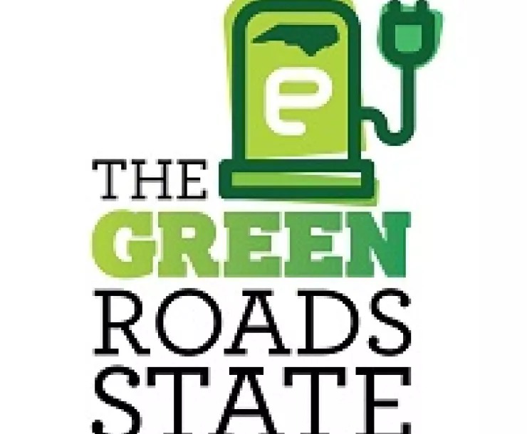 A logo shows a stylized EV charger bearing a map of North Carolina, over the slogan "The Green Roads State"